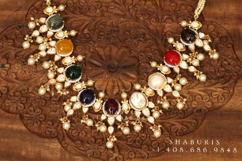 Navaratan Necklace ,Pure Silver Jewellery Indian ,polki Necklace,Big Indian Necklace,Indian Bridal,Indian Wedding Jewelry-NIHIRA-SHABURIS